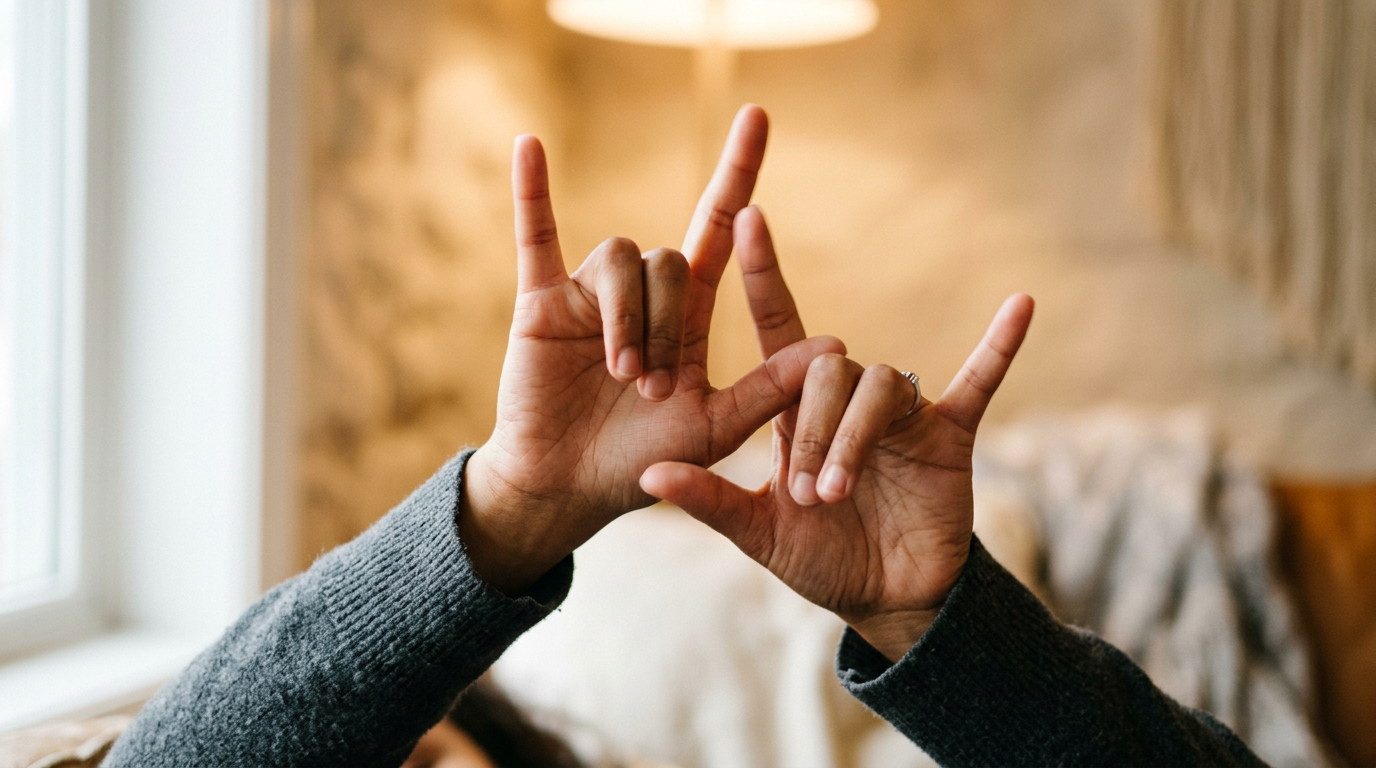 Two hands showing the American Sign Language 'I love you' sign indoors