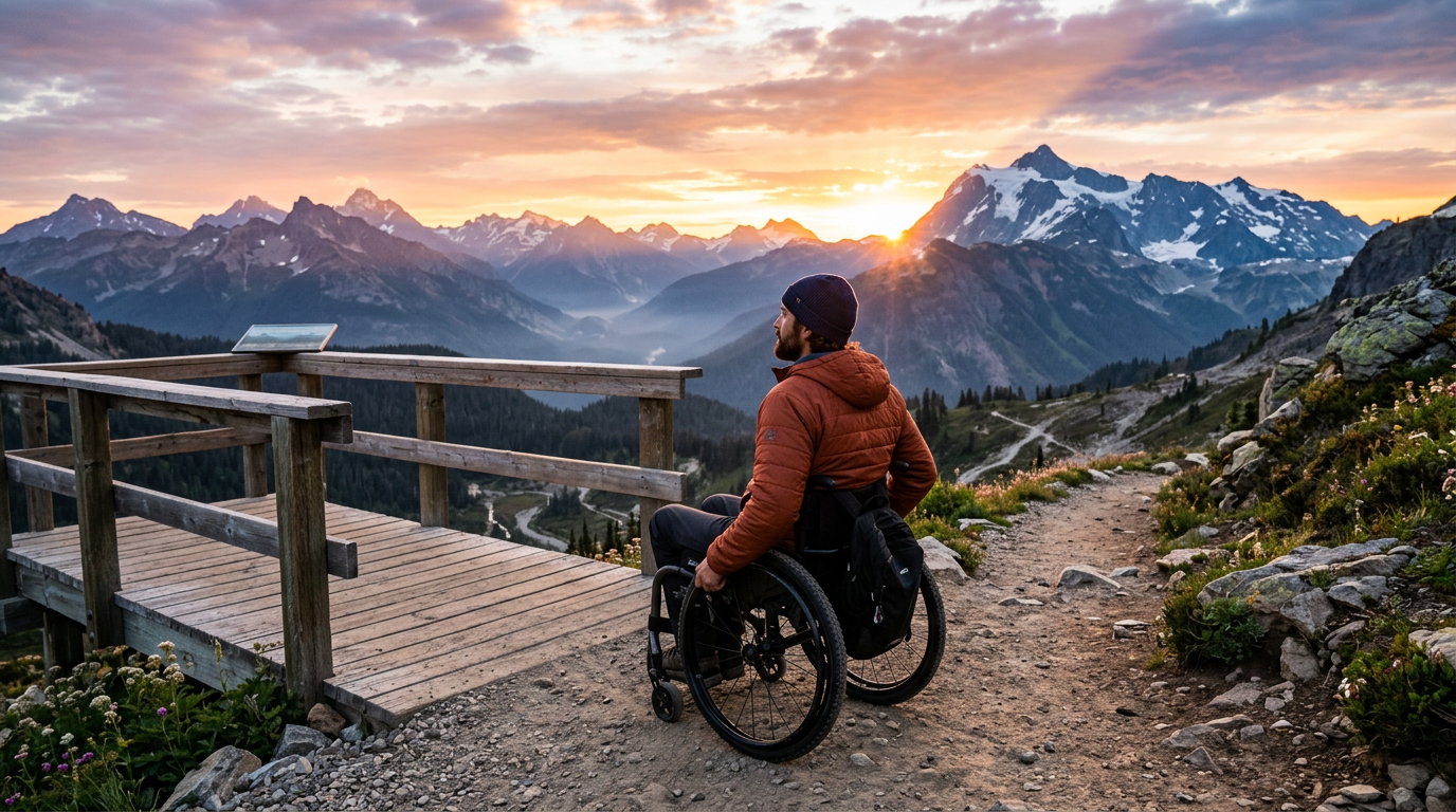 Man in wheelchair looking at mountain sunset from wooden lookout