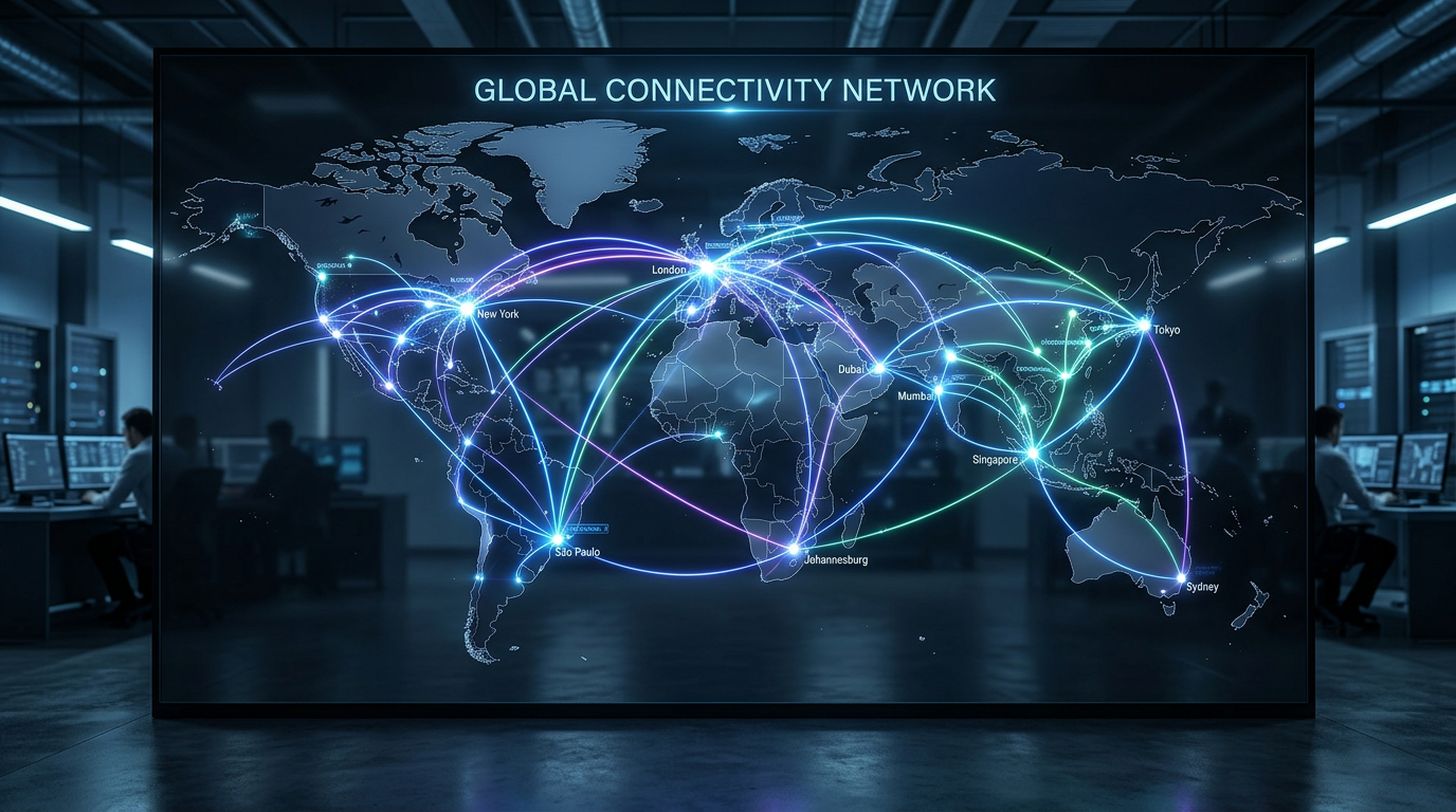 World map showing major international connectivity routes between cities