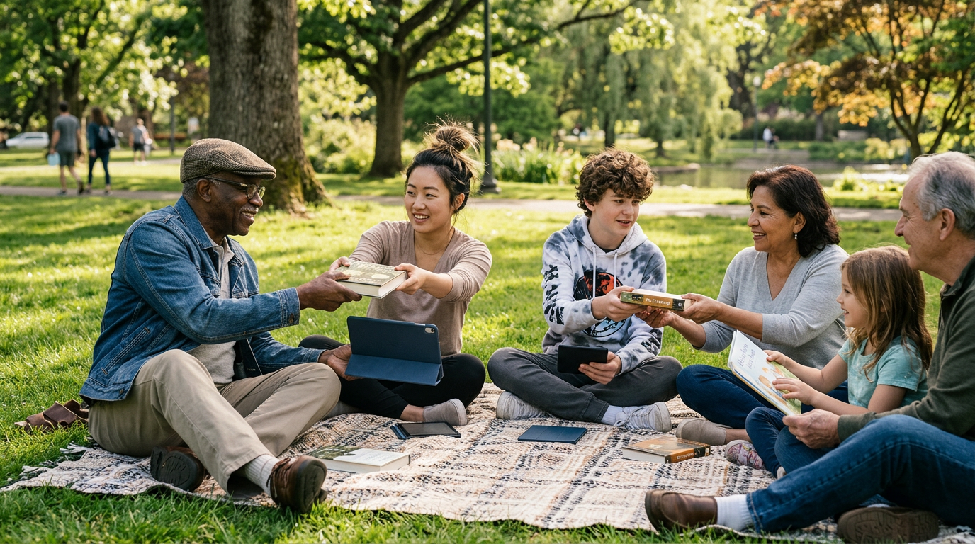 Six people sitting on a blanket in a park exchanging and reading books