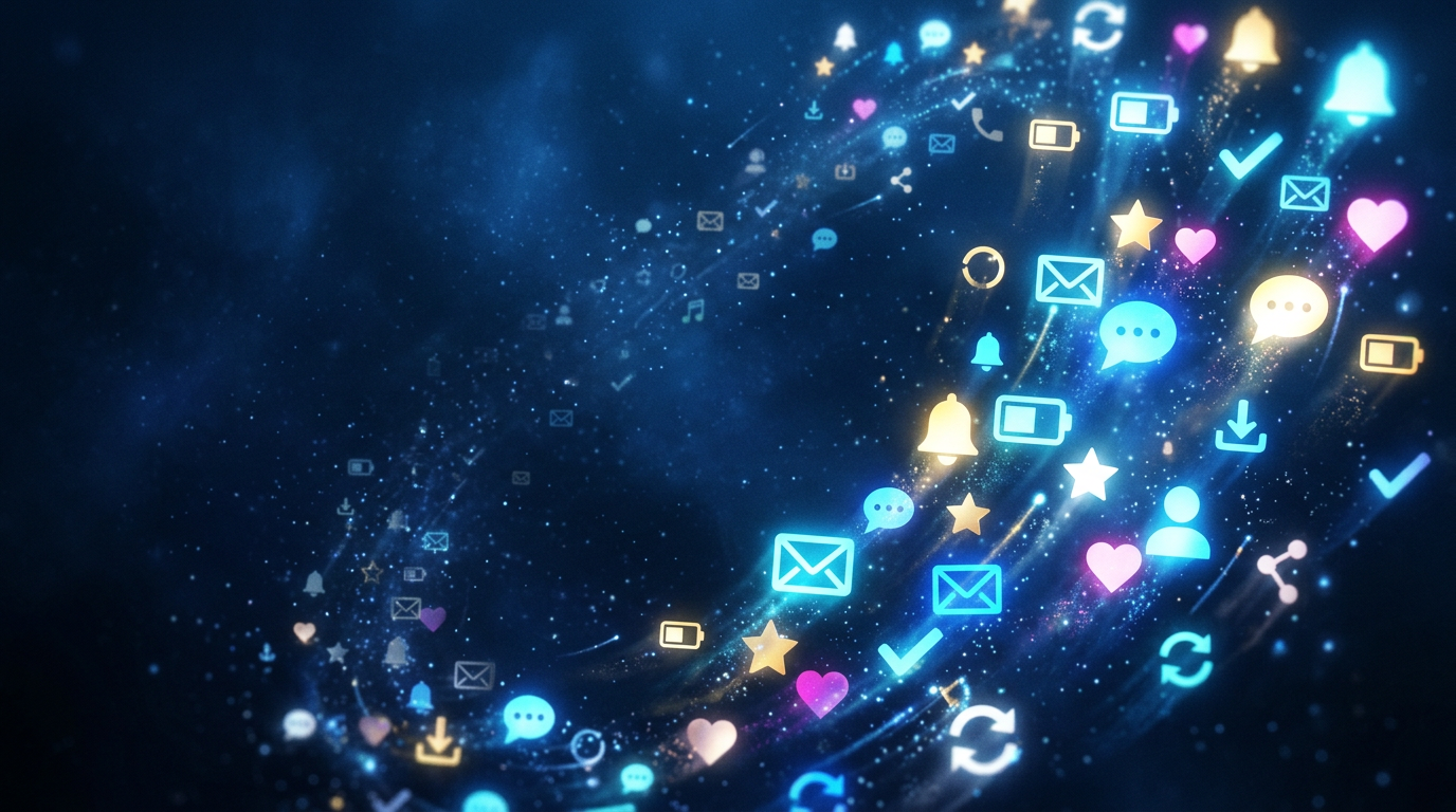 Swirling cluster of glowing social media and communication icons including email, chat, heart, star, and notifications