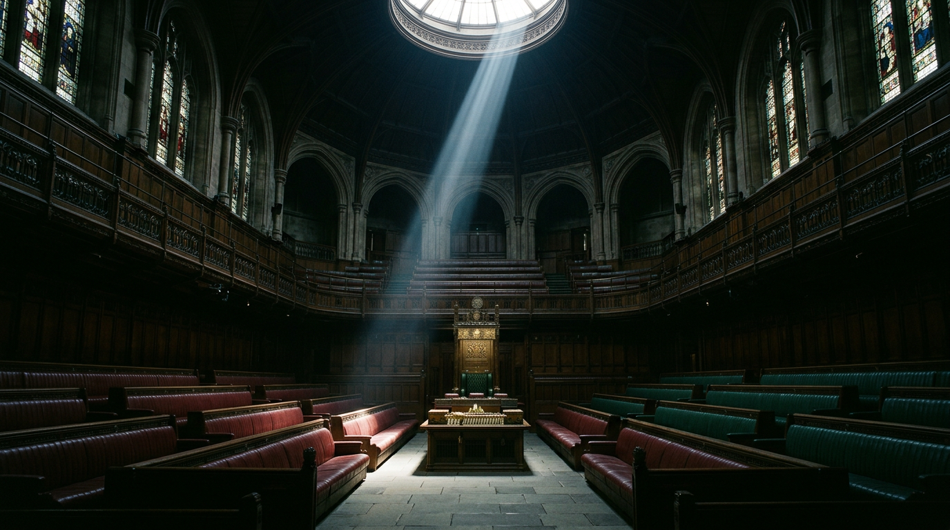 Empty parliamentary chamber with wooden benches and a central speaker’s chair illuminated by a beam of sunlight