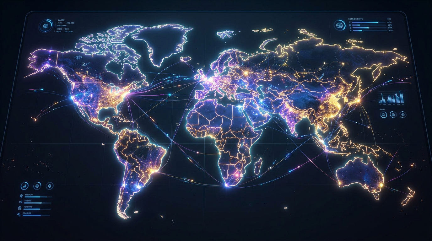 World map highlighting major cities with bright lights connected by glowing lines representing data or network links.