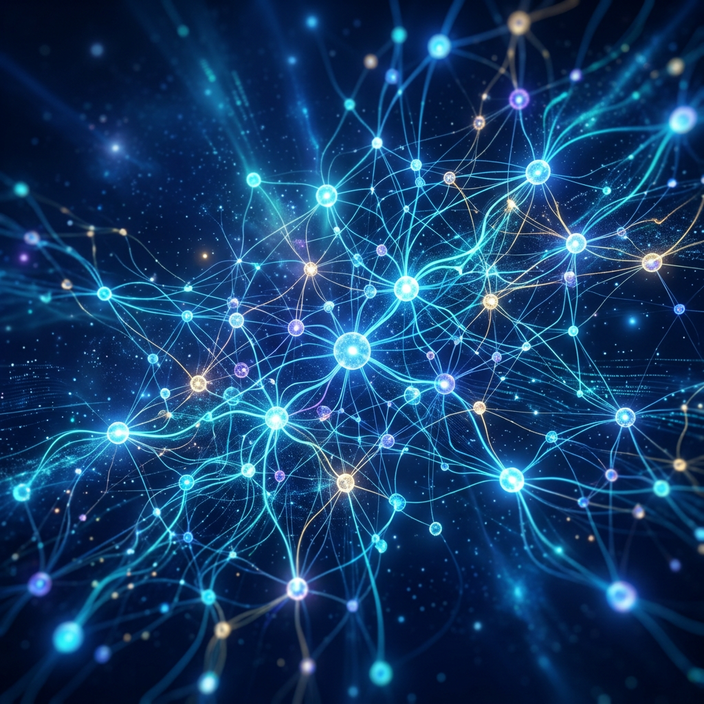 Glowing nodes and interconnected lines illustrating neural network connections in a digital environment