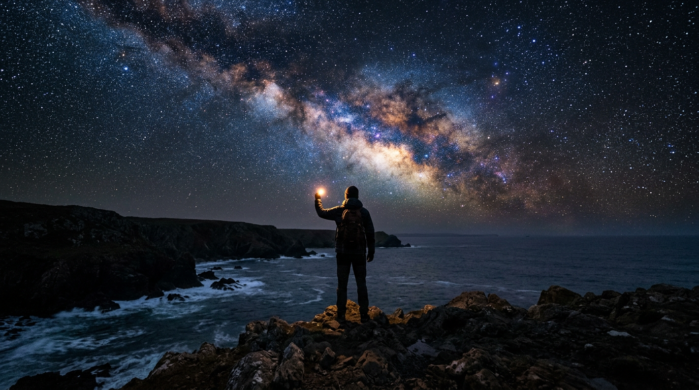Person holding light on rocky coast beneath the Milky Way galaxy filled with stars