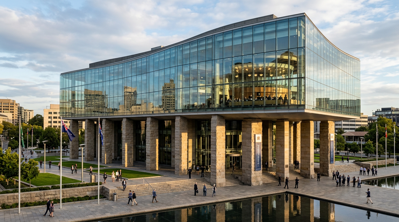 Modern government building with glass facade and stone pillars, people walking outside