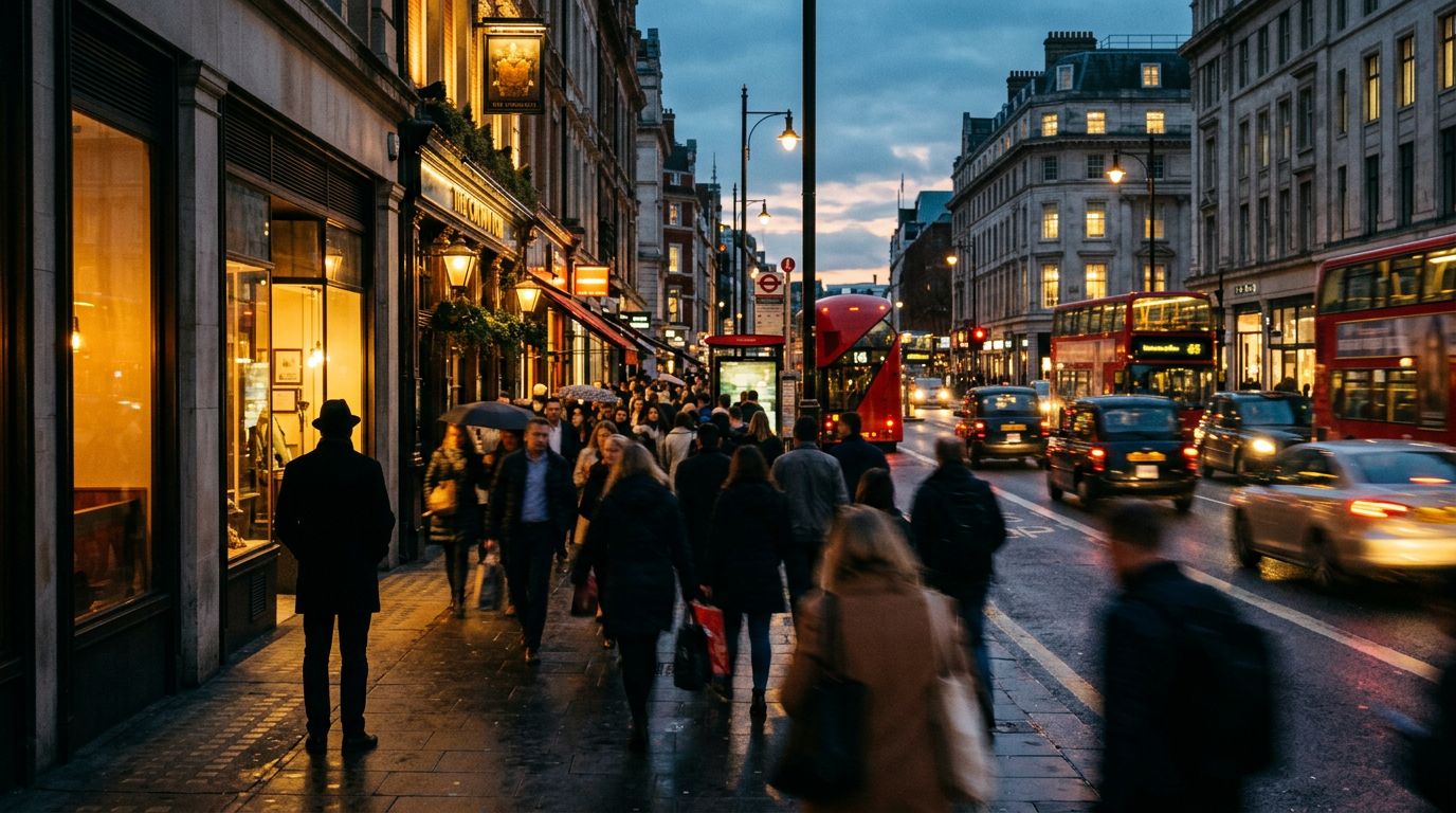 Busy London street with pedestrians, red buses, taxis, and glowing shops
