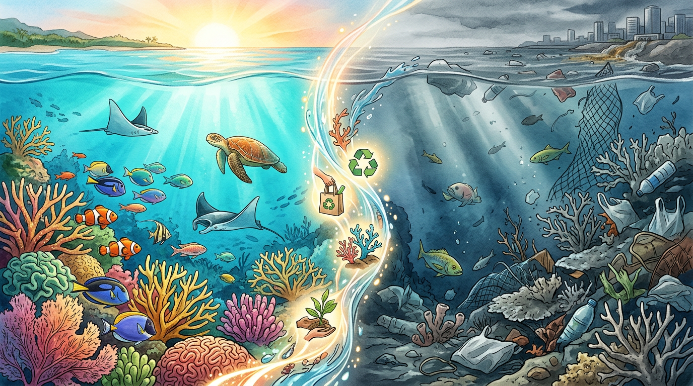 Split ocean scene contrasting vibrant coral reef with polluted marine habitat