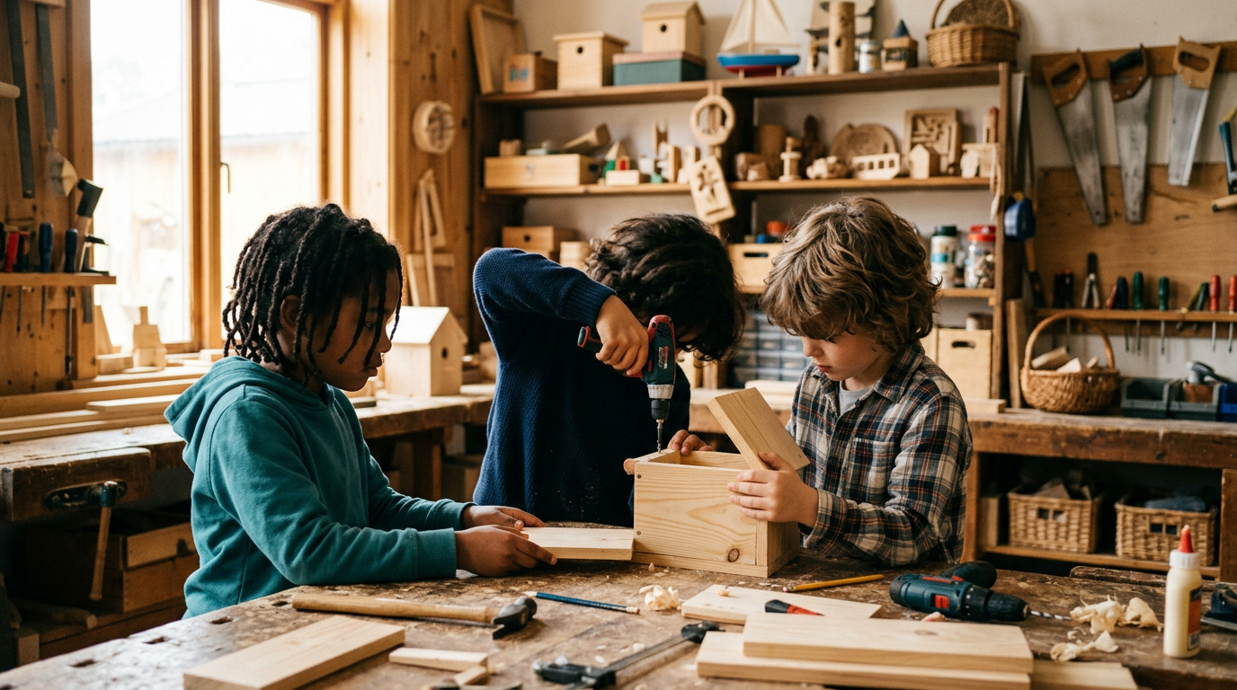 Children collaboratively building a wooden project