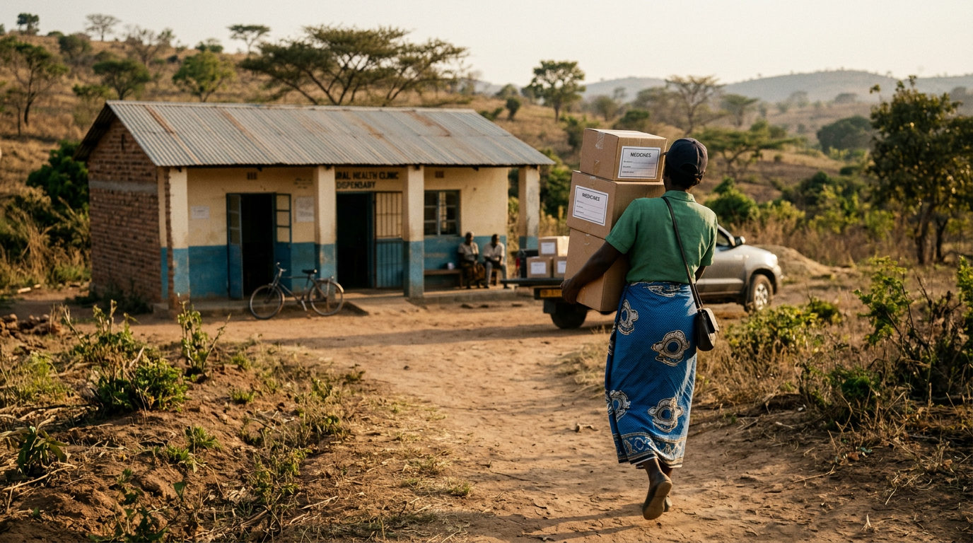 Healthcare worker carrying medicine boxes toward a rural clinic