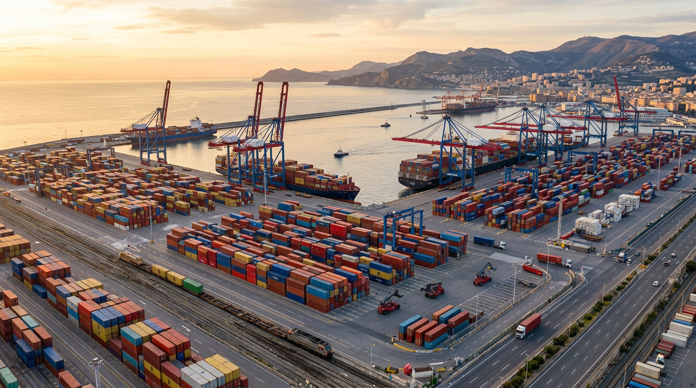 Container port with cranes, cargo ships, stacked containers, and coastal mountains