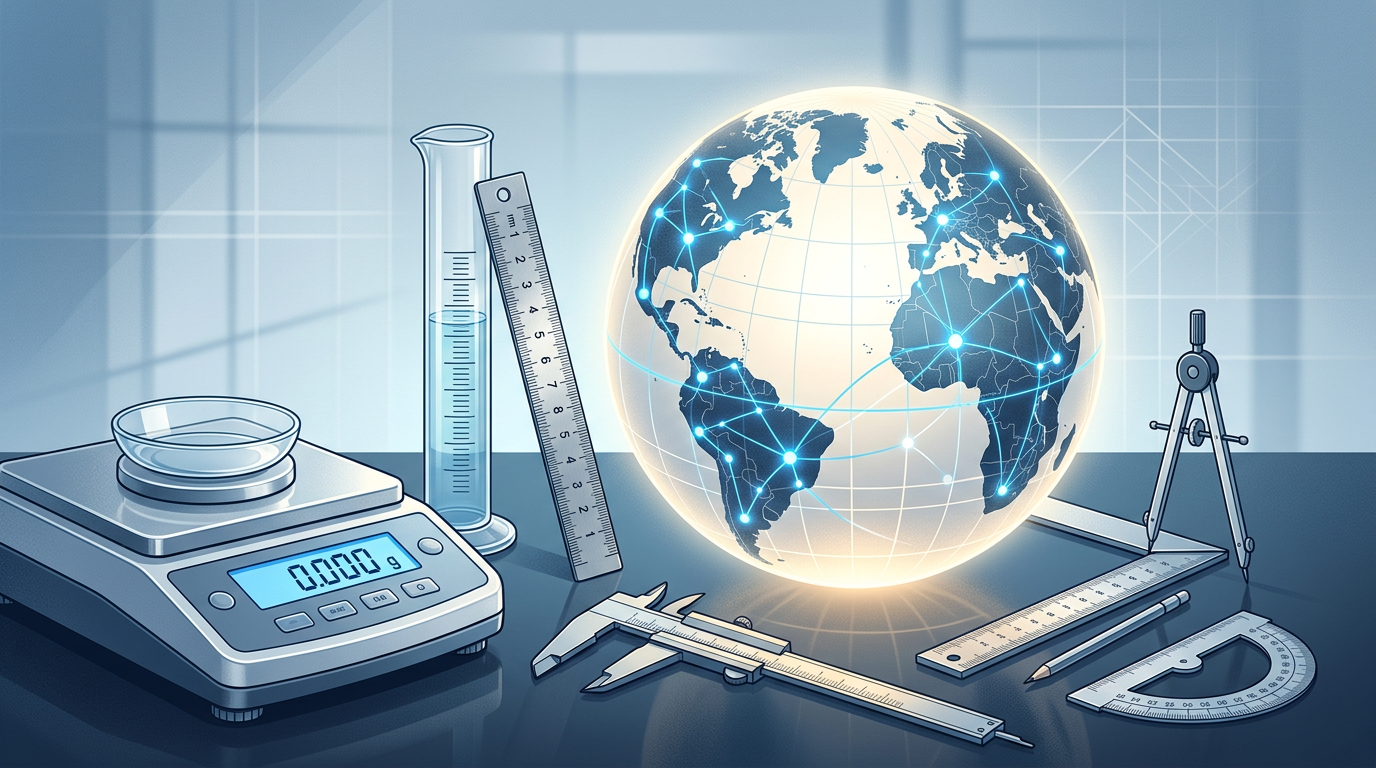 Glowing connected globe surrounded by laboratory and measurement instruments