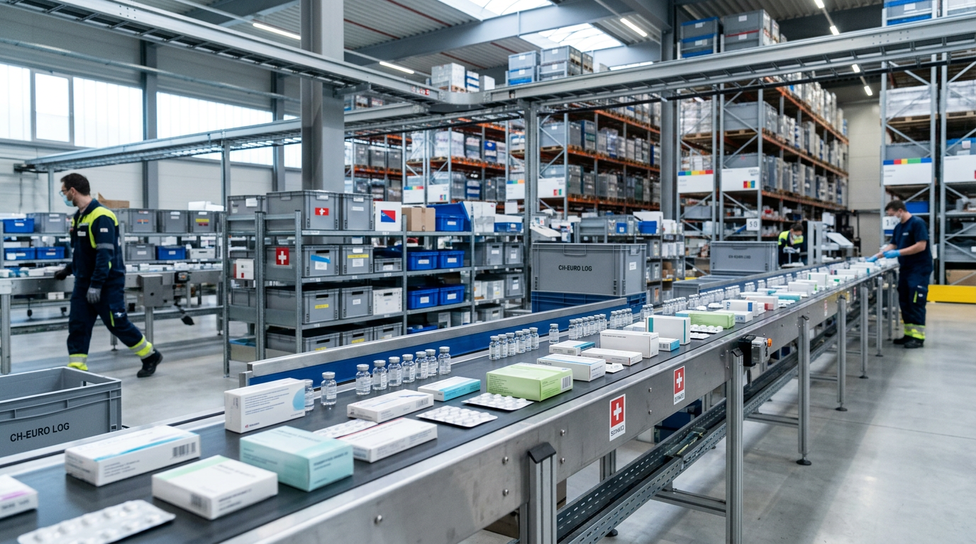 Workers handling medicine packages on a warehouse conveyor system