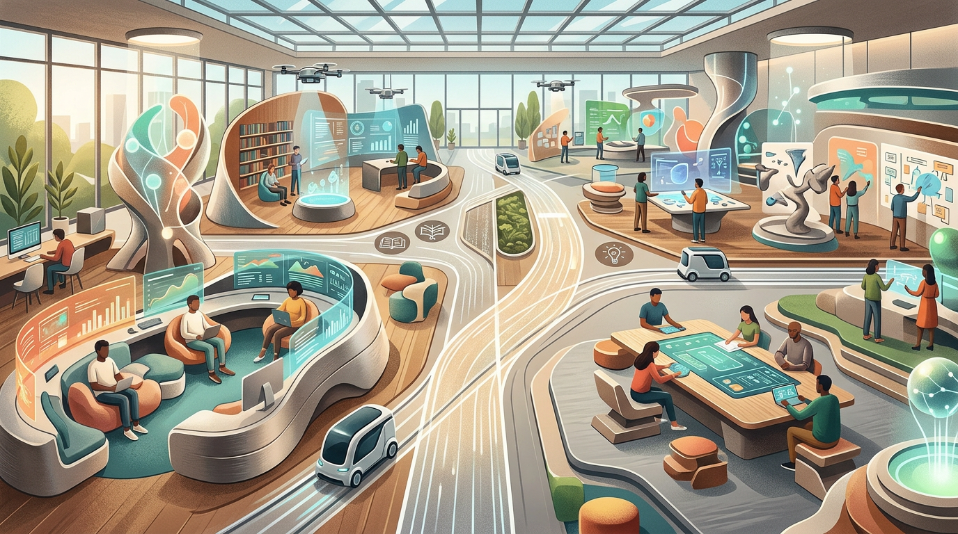 Futuristic innovation center with people, drones, displays, and autonomous vehicles