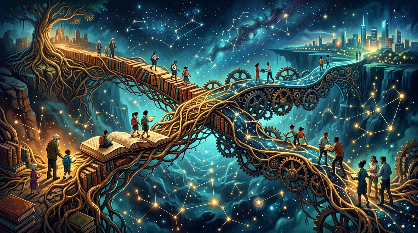 People crossing book and gear bridges through a starry learning landscape