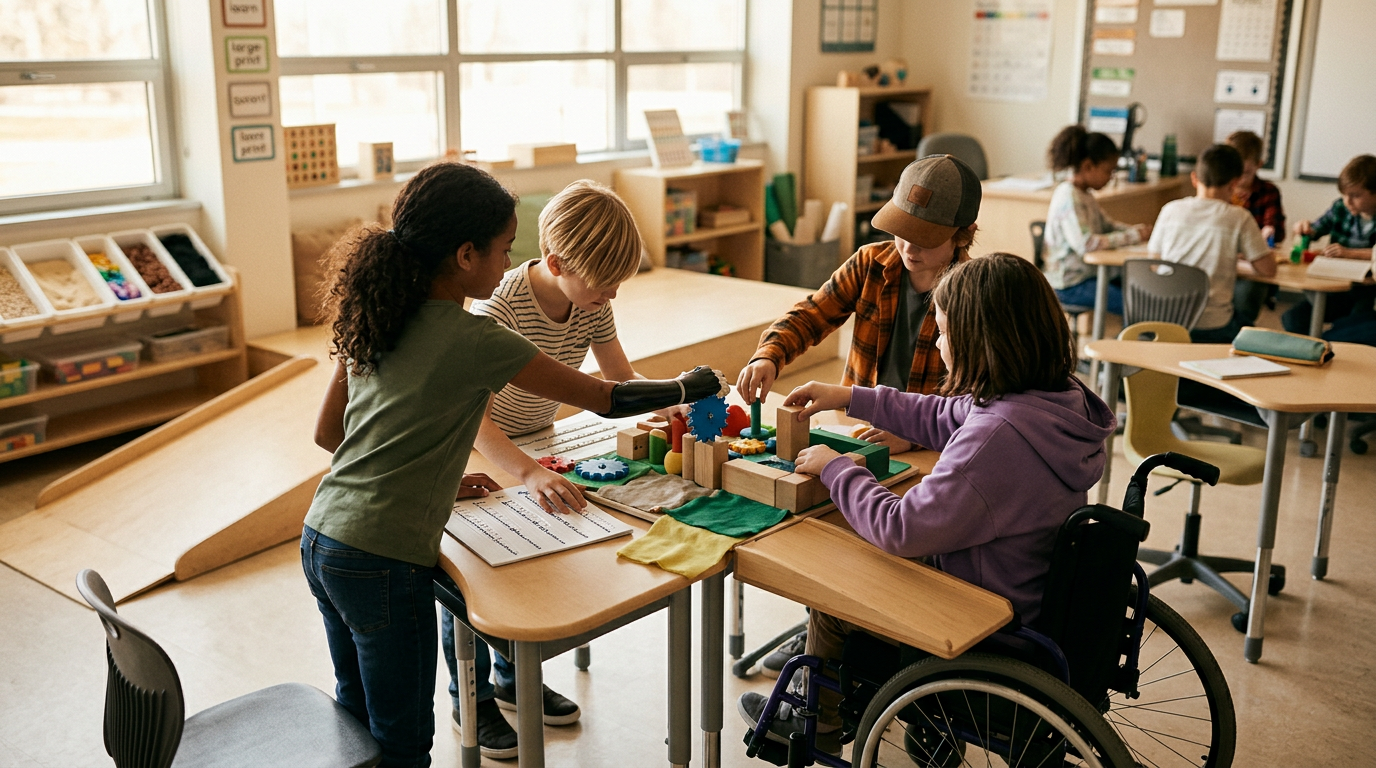 Four students collaborate on a building activity around a classroom table