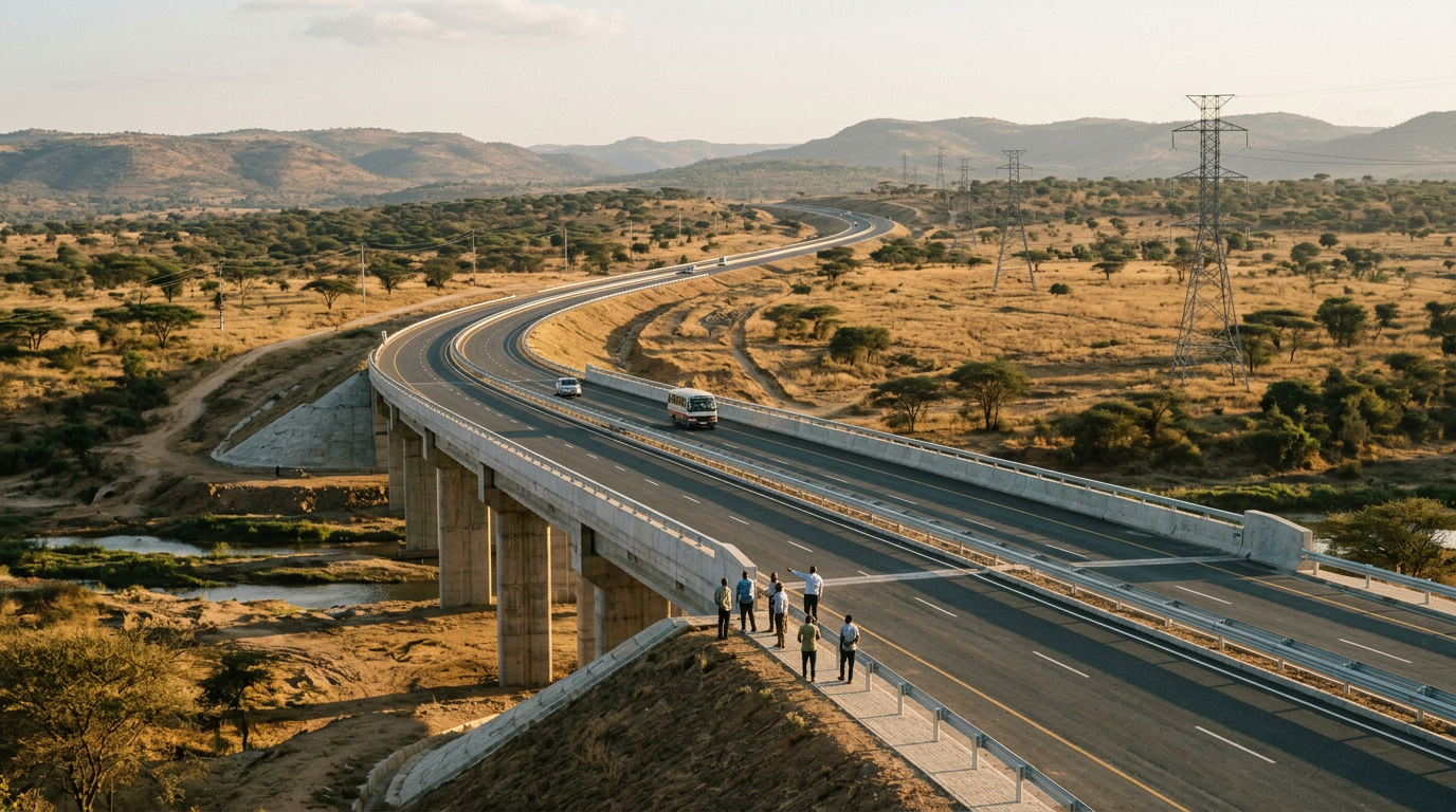 African highway, bridge, and power lines