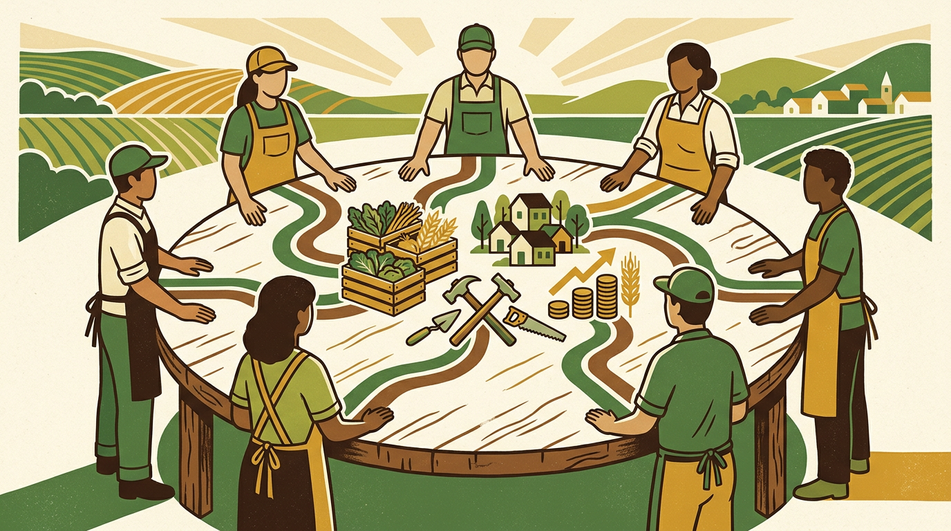 Farmers collaborating around an agricultural map with crops, tools, homes, and market symbols