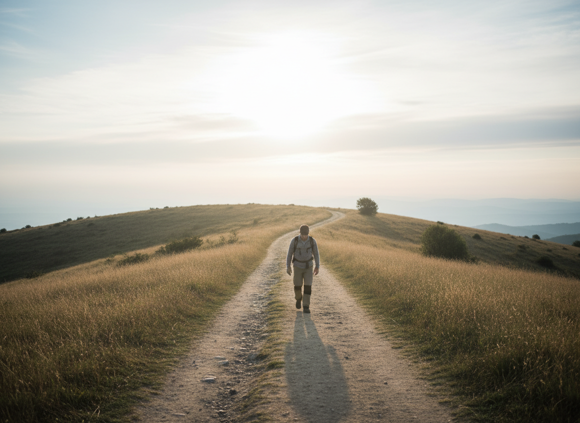 Une personne poursuit son chemin avec persévérance vers un horizon lumineux.