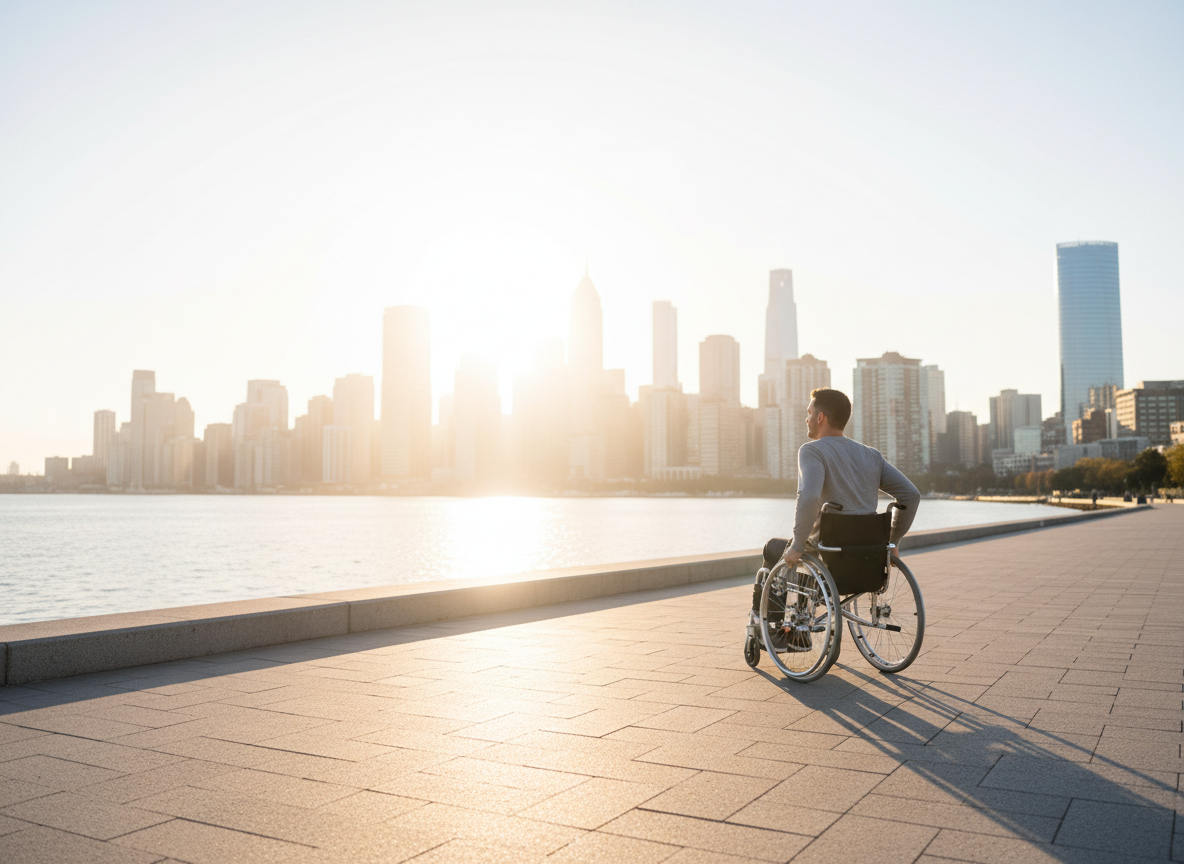 Une personne en fauteuil roulant avance vers un horizon urbain lumineux.