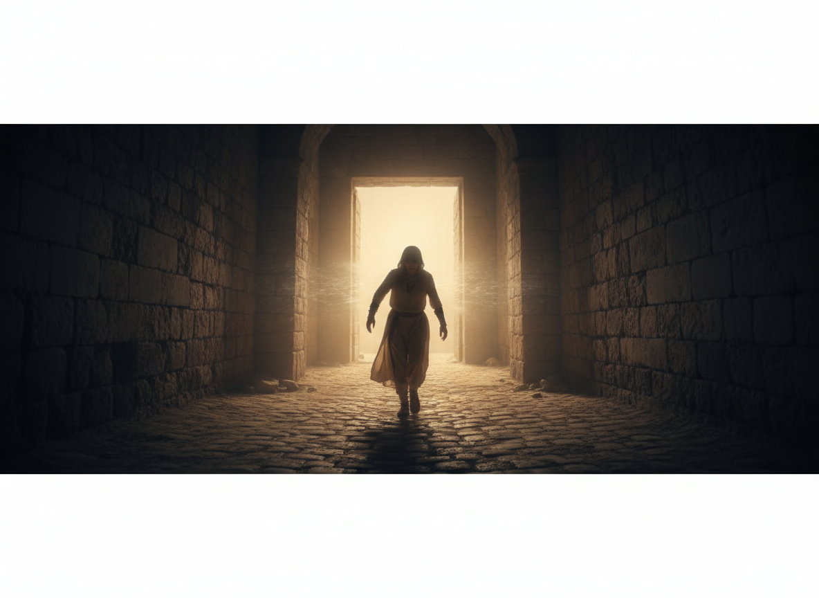 Une personne traverse un passage ouvert dans une atmosphère sobre évoquant un obstacle invisible.
