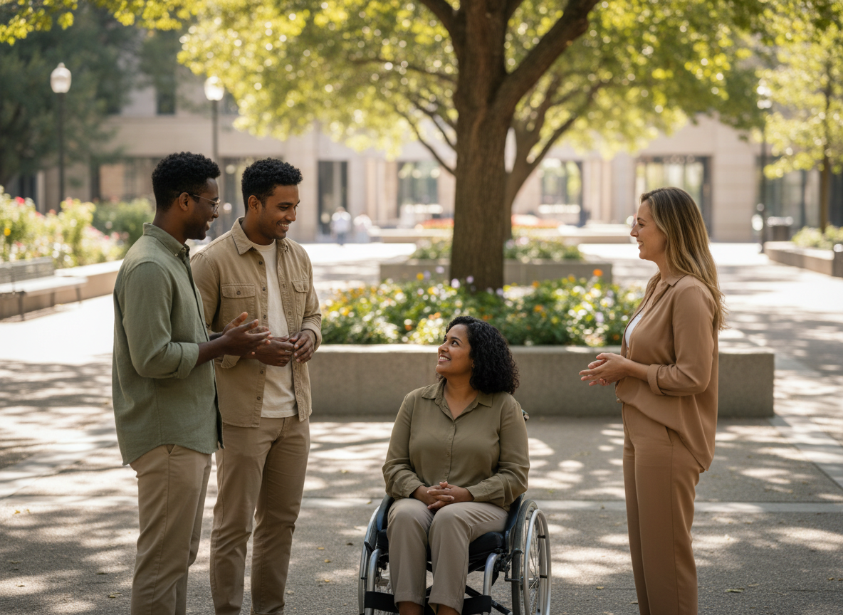 Des personnes différentes se regardent avec respect dans un espace public accessible.