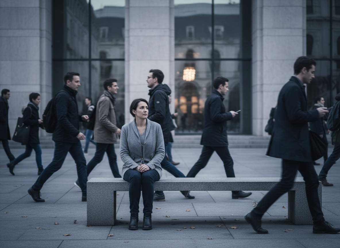 Une personne semble isolée dans un espace public, évoquant l’indifférence comme obstacle.