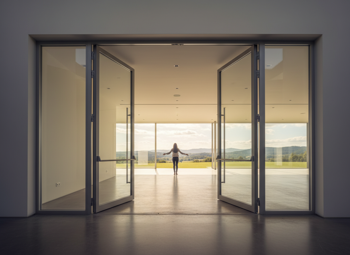 Une porte accessible et largement ouverte donne sur un espace lumineux et accueillant.
