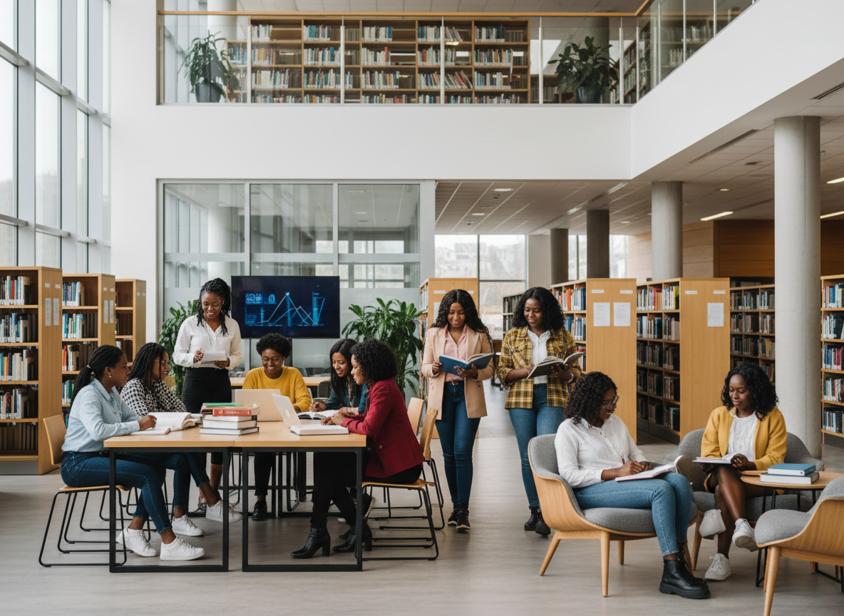 Jeunes femmes étudiantes dans un environnement universitaire moderne, symbole d’éducation et d’avenir.