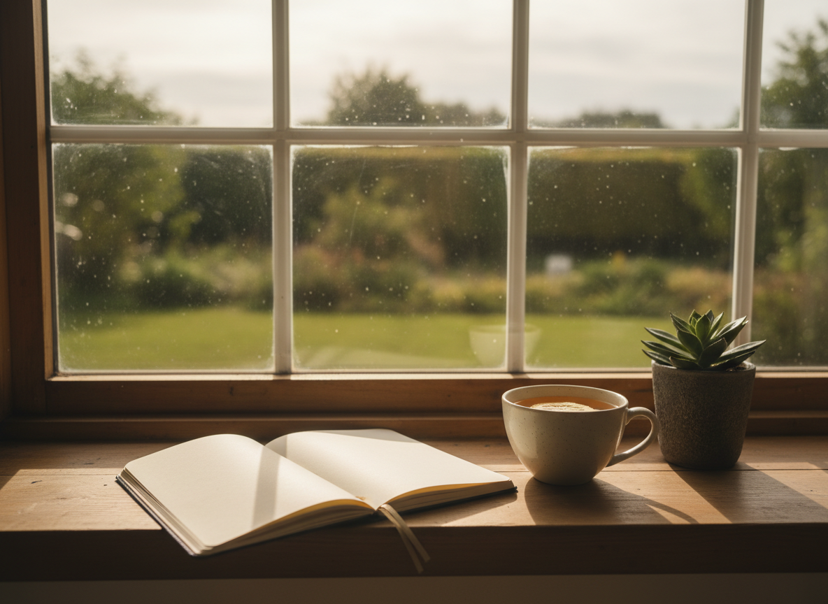 Une tasse de thé et un carnet ouvert sur un rebord de fenêtre ensoleillé, à côté d'une petite plante