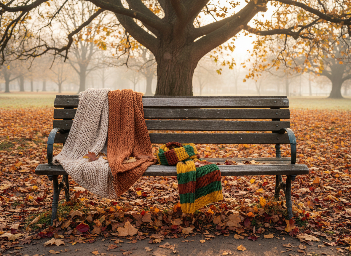 Une couverture en laine pliée et une écharpe posées sur un banc de parc en automne