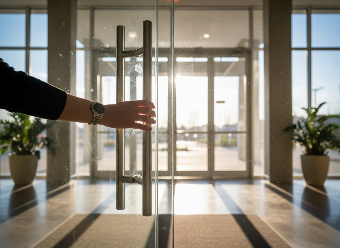 Une main tient ouverte la porte vitrée d'un bâtiment ensoleillé