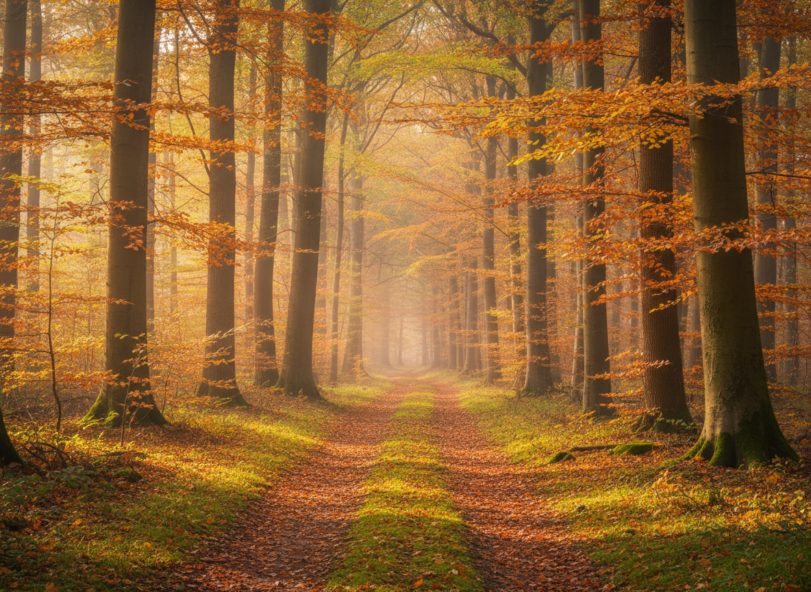 Un chemin forestier calme au début de l'automne, avec des feuilles dorées