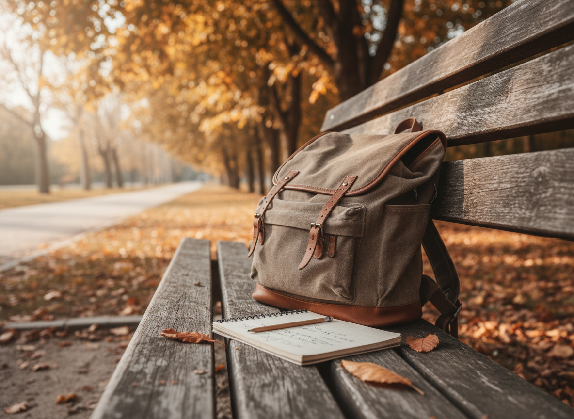 Un sac d'école posé sur un banc de parc en automne, à côté d'un cahier