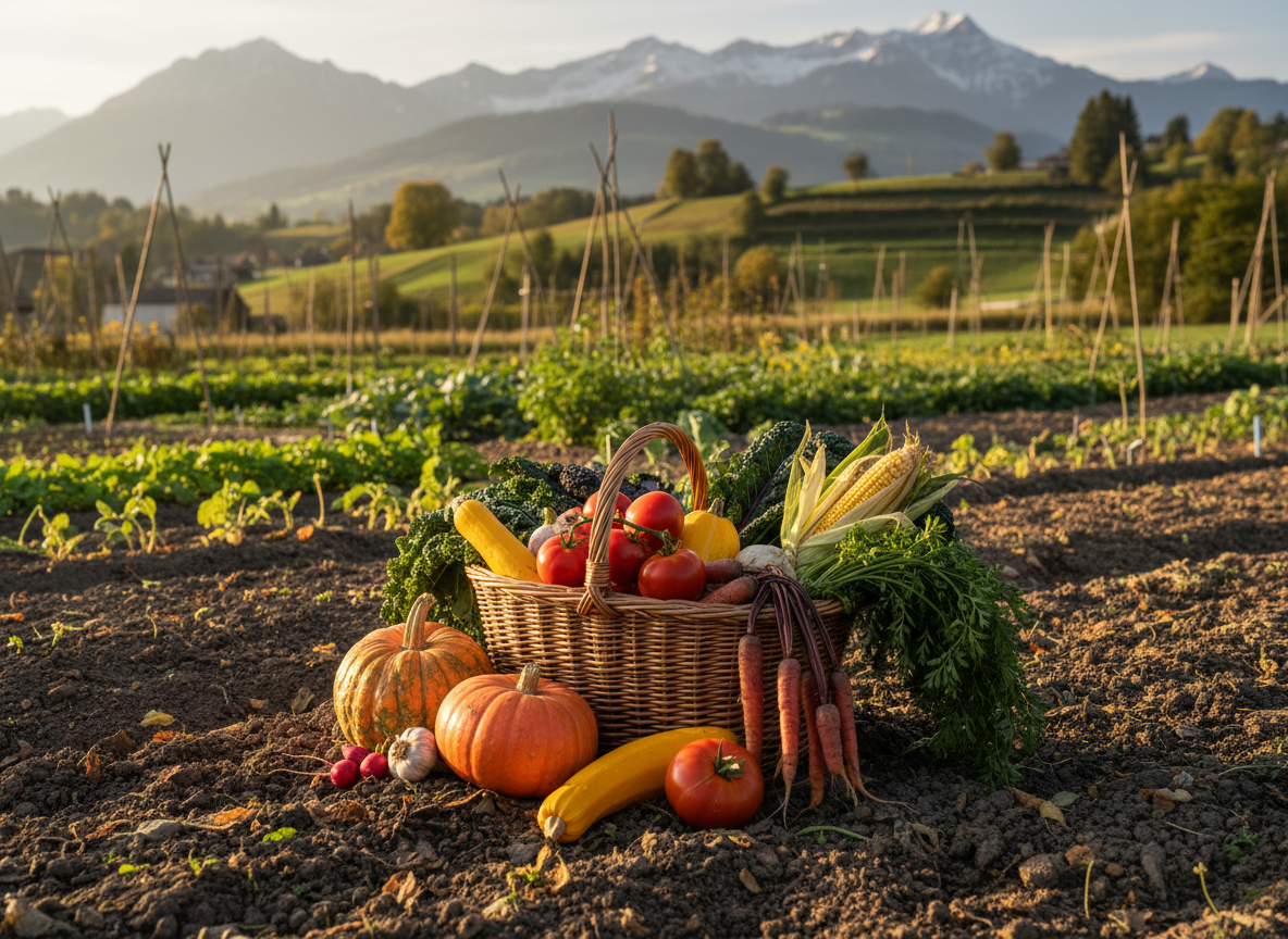 Un panier en osier rempli de légumes fraîchement récoltés posé sur la terre d'un potager