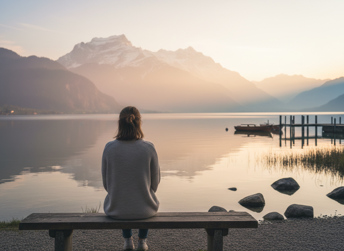 Une jeune personne vue de dos, assise sur un banc au bord d'un lac suisse au crépuscule, regardant les montagnes sous un ciel brumeux