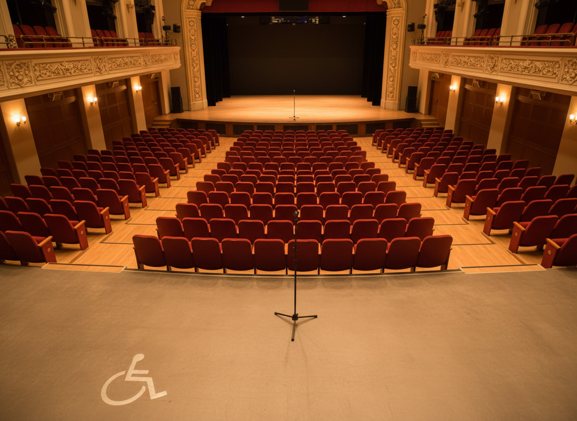Une salle de concert vide aux sièges rouges, avec un emplacement libre pour fauteuil roulant au premier rang