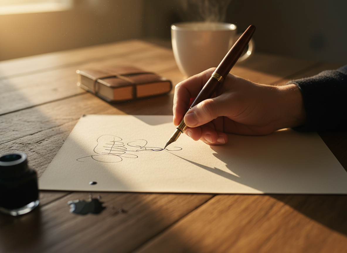 Une main écrivant une lettre au stylo plume sur un bureau