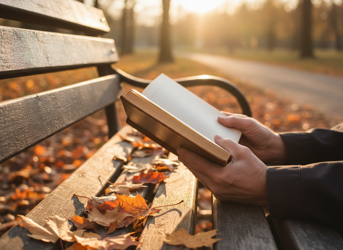 Les mains d'une personne âgée tenant un livre ouvert sur un banc, dans la lumière d'automne