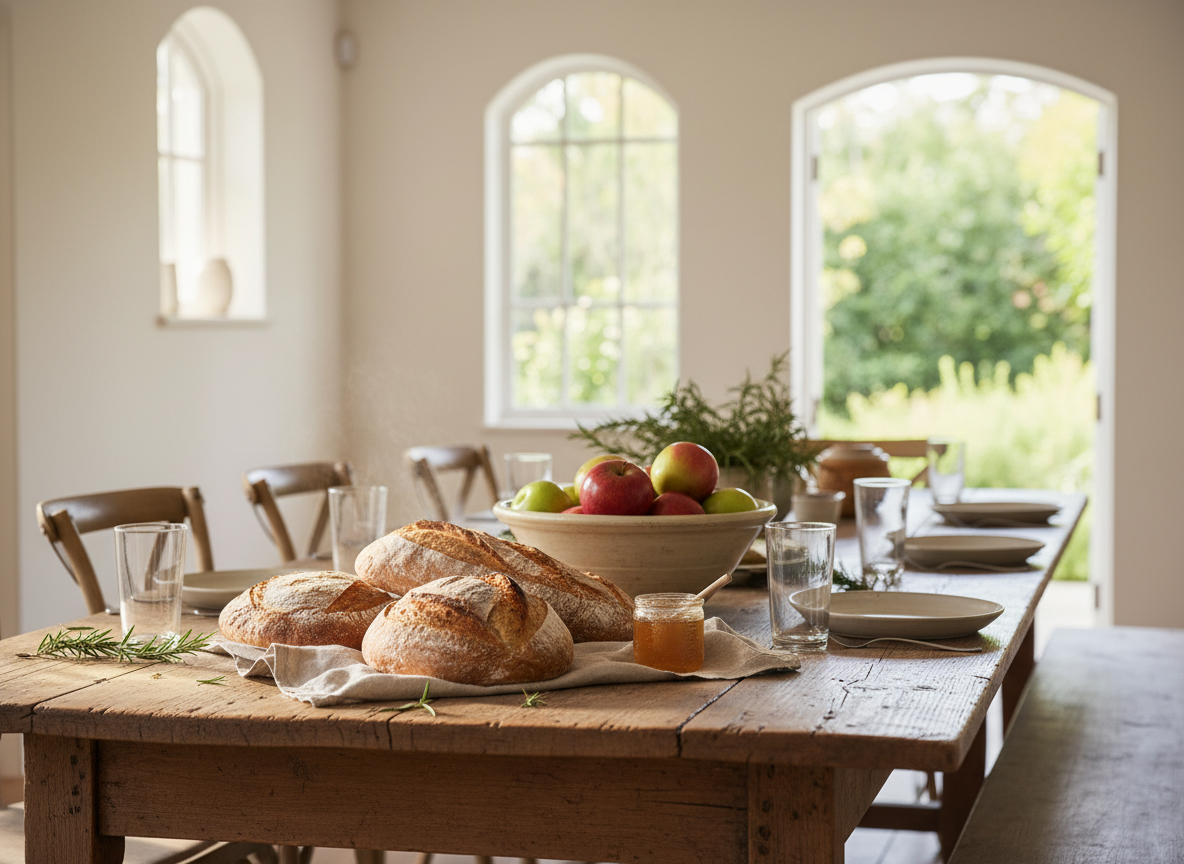 Des pains frais et un bol de pommes sur une longue table en bois, prêts à être partagés