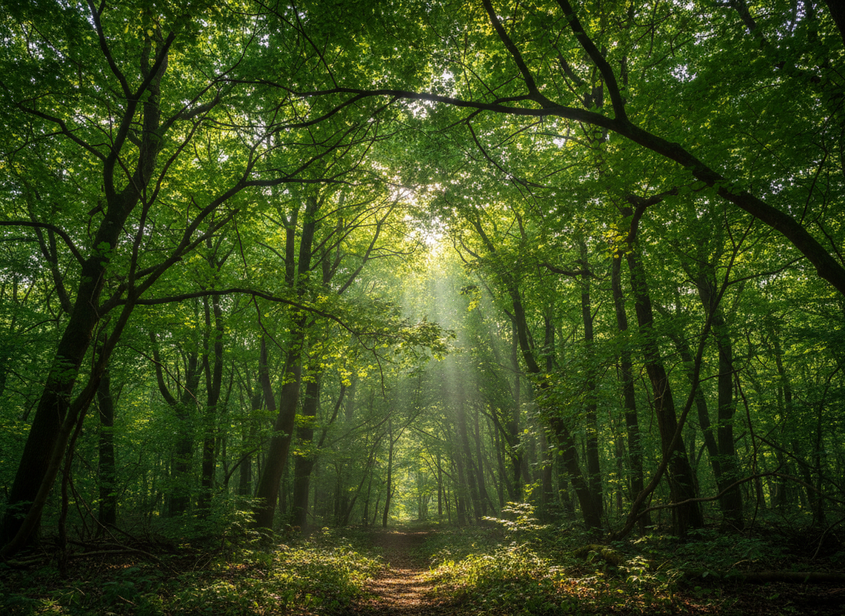 Vue vers la cime d'une forêt verte traversée par des rayons de soleil