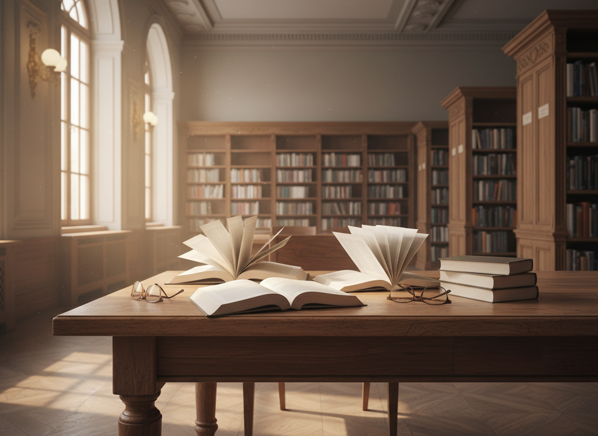 Des livres ouverts et une paire de lunettes sur une table en bois dans une bibliothèque lumineuse