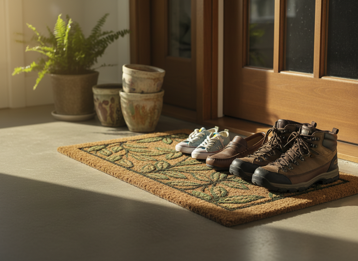 Des petites chaussures d'enfant posées à côté de chaussures d'adulte sur un paillasson