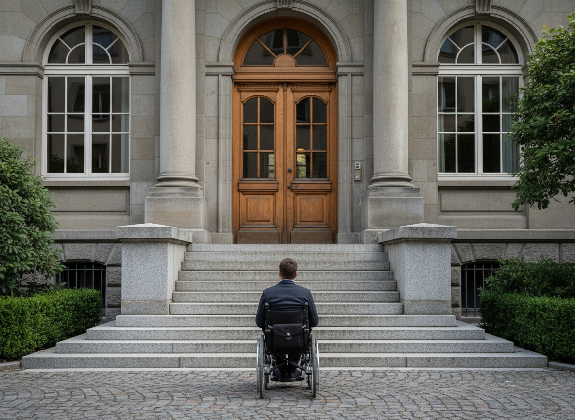 Une personne en fauteuil roulant, vue de dos, devant quelques marches menant à l'entrée d'un bâtiment public