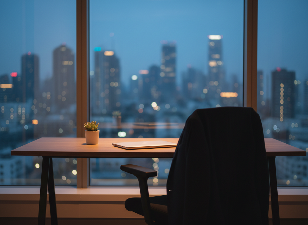 Un bureau vide au crépuscule avec un ordinateur fermé, une veste sur la chaise et une petite plante