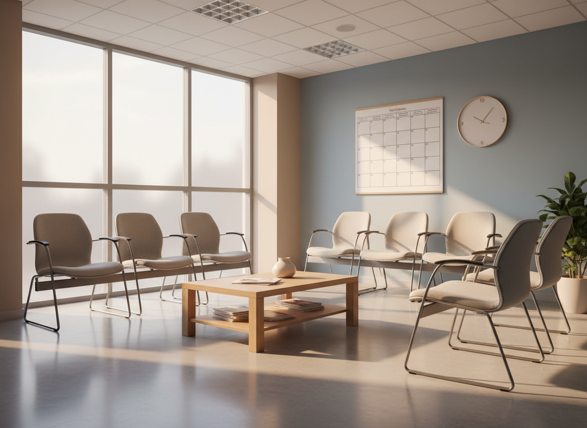 Une salle d'attente de cabinet médical vide, avec quelques chaises, un calendrier et une horloge au mur
