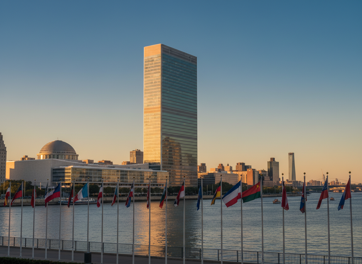 Le siège des Nations Unies à New York, vu depuis l'East River