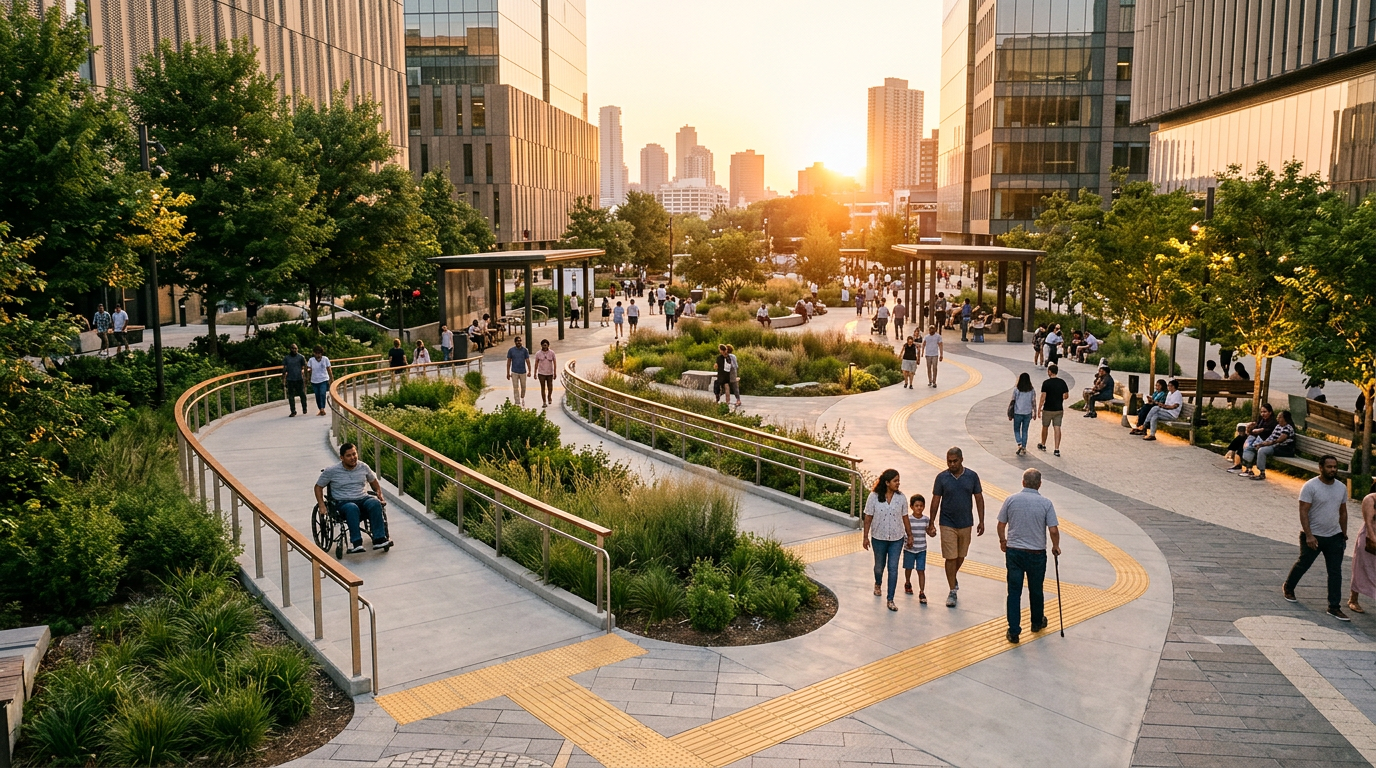 Accessible landscaped urban plaza with people walking among city buildings at sunset