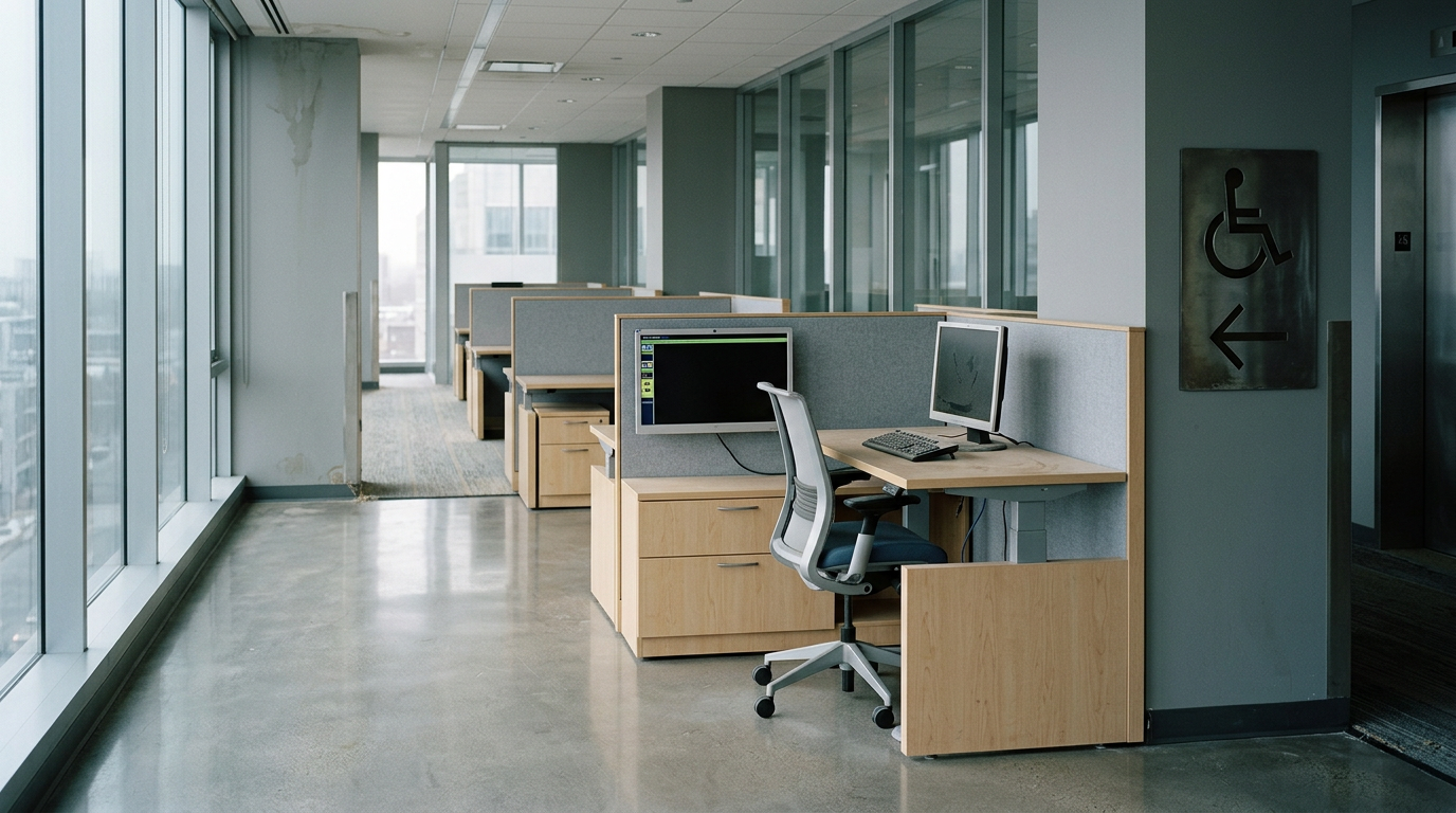 Accessible office corridor with workstations and wheelchair signage