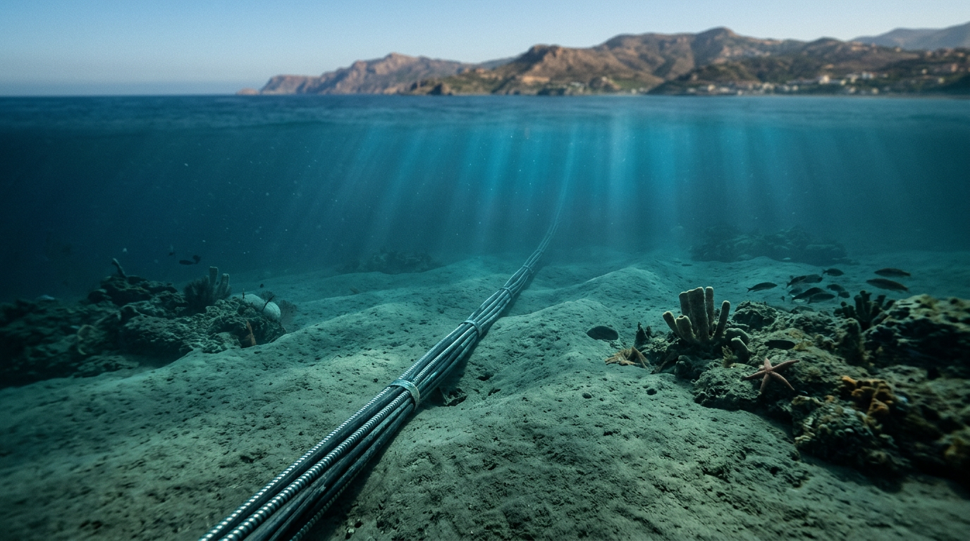 Bundled undersea cable crossing a coral seabed beneath a mountainous coastline